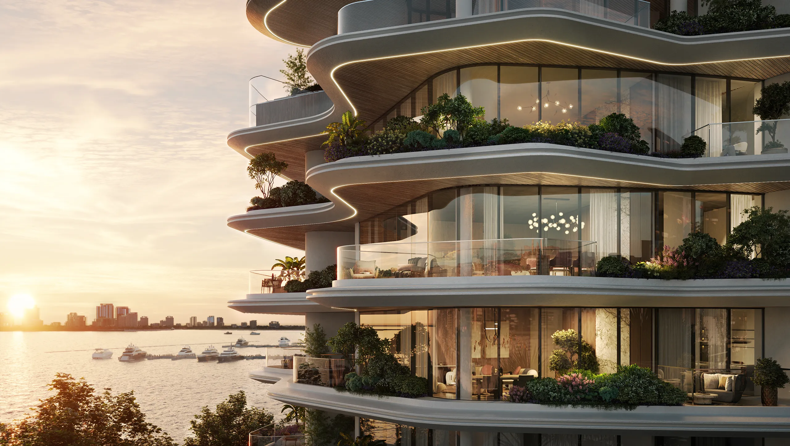 Exterior rendering of Lia residence with fluid, wave-inspired architecture by the sea in Dubai