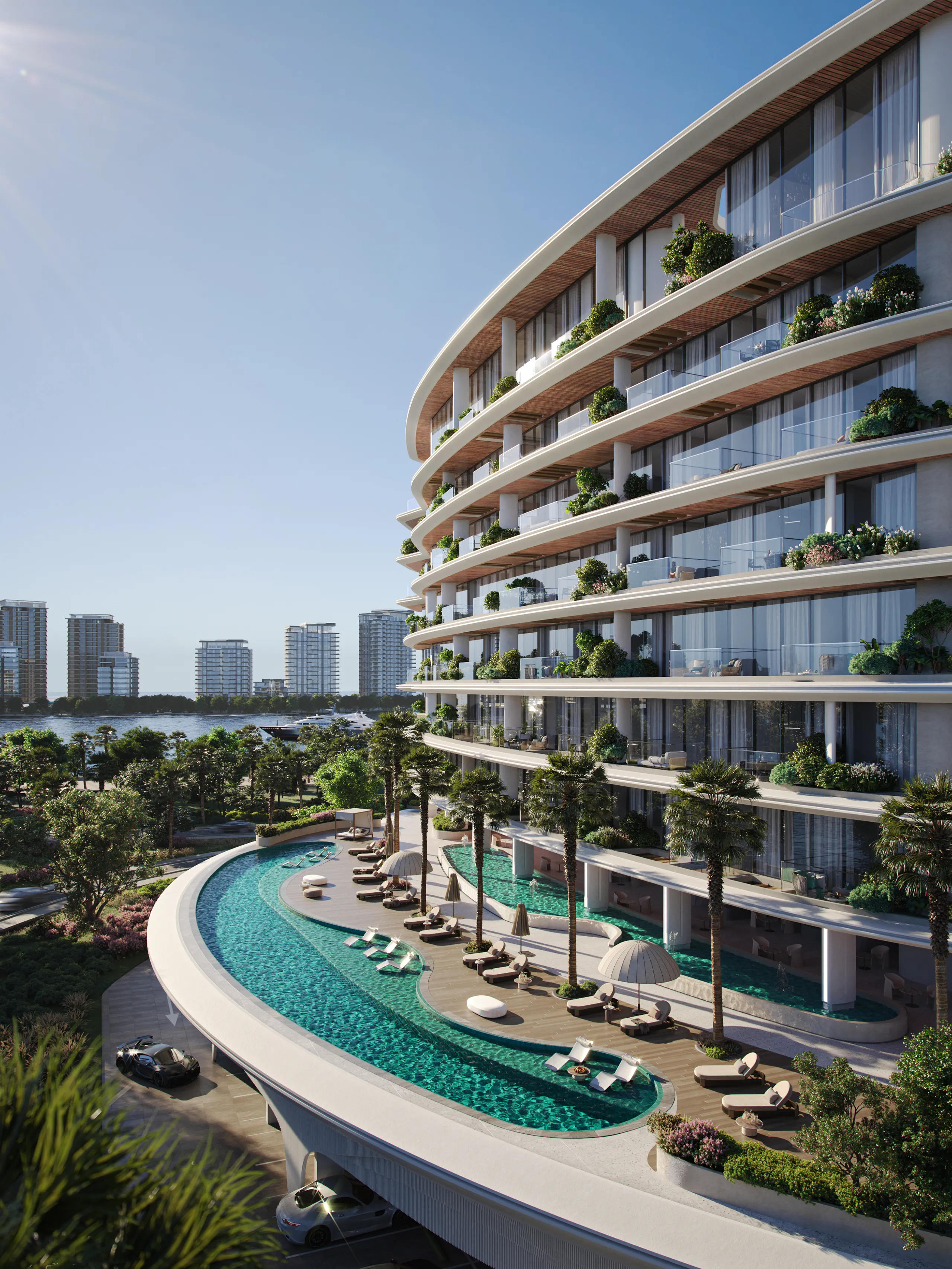 Side perspective of Lia highlighting curved balconies and sculptural façade details
